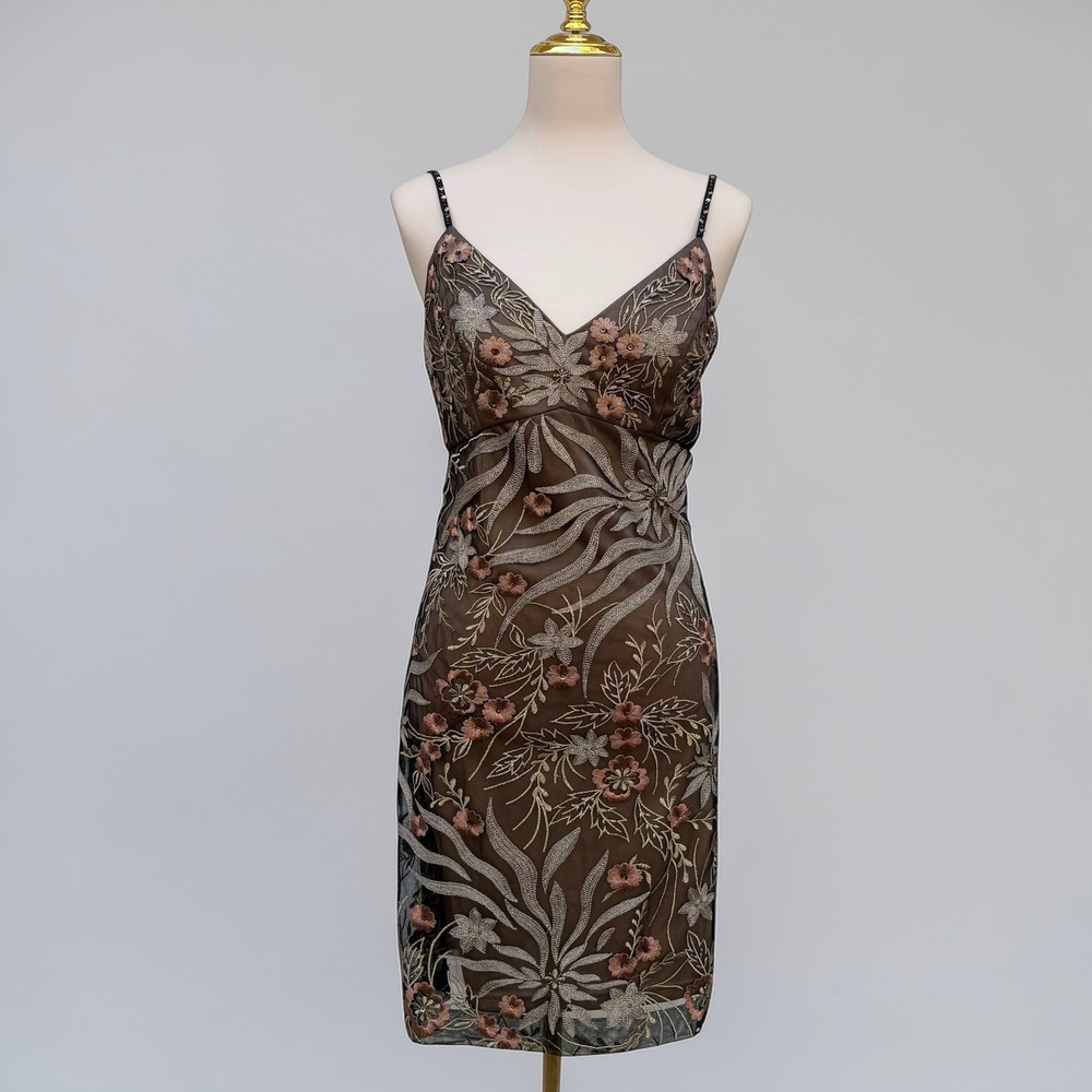 Sue Wong Nocturne Dress 12 Brown Embroidered Sequin Floral Mesh Cocktail Sheath